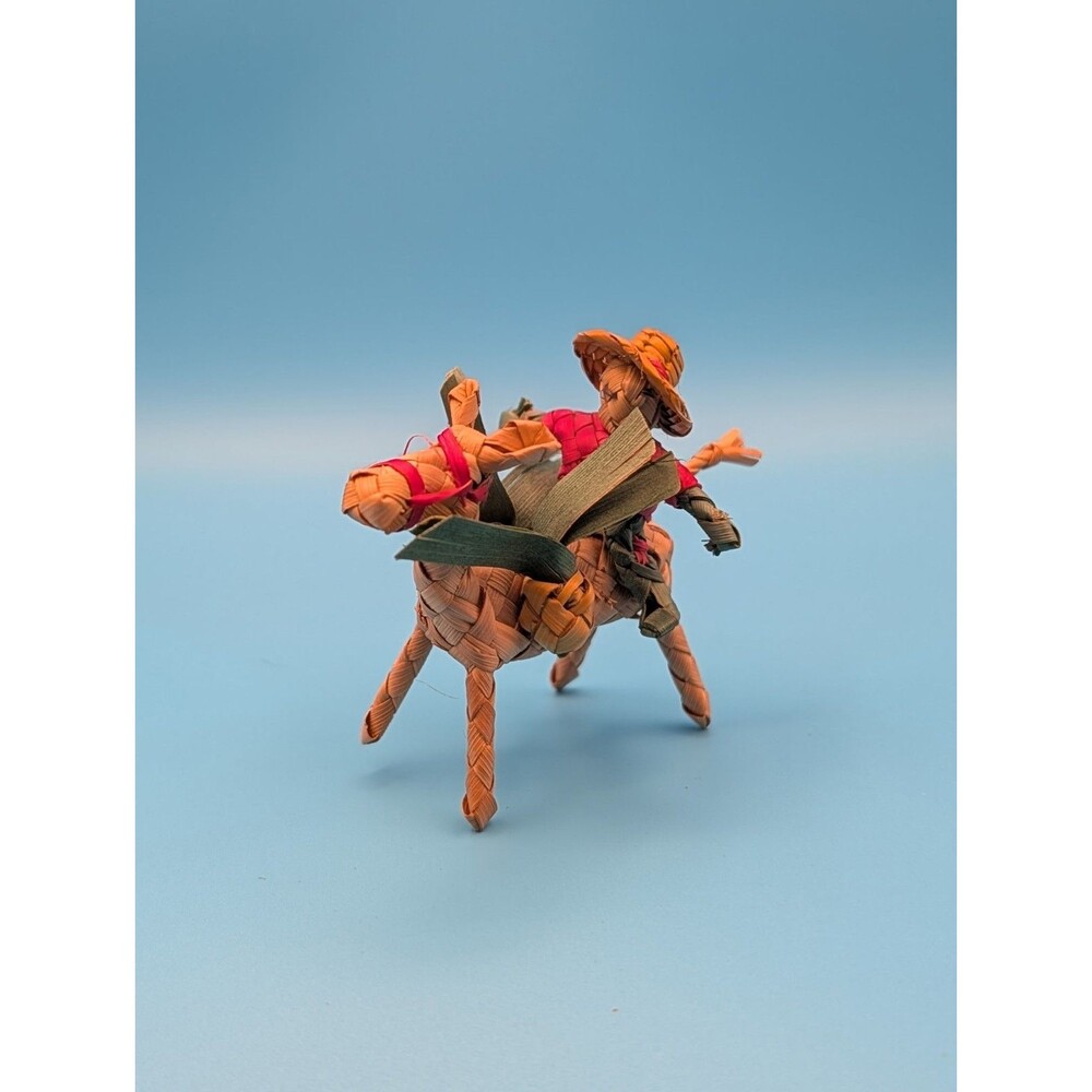 Vintage Mexican Folk Art Hand-woven  Miniature Man Riding Donkey Pinapples